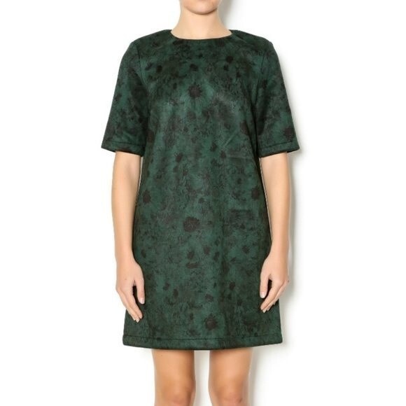 FRNCH Dresses & Skirts - FRNCH Dark Green Floral Faux Suede Mini Dress Short Sleeve Size S